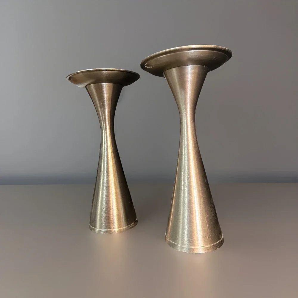Pair Vintage MCM Candle Holders Brushed Silver‎ Matte Metal Finish 8